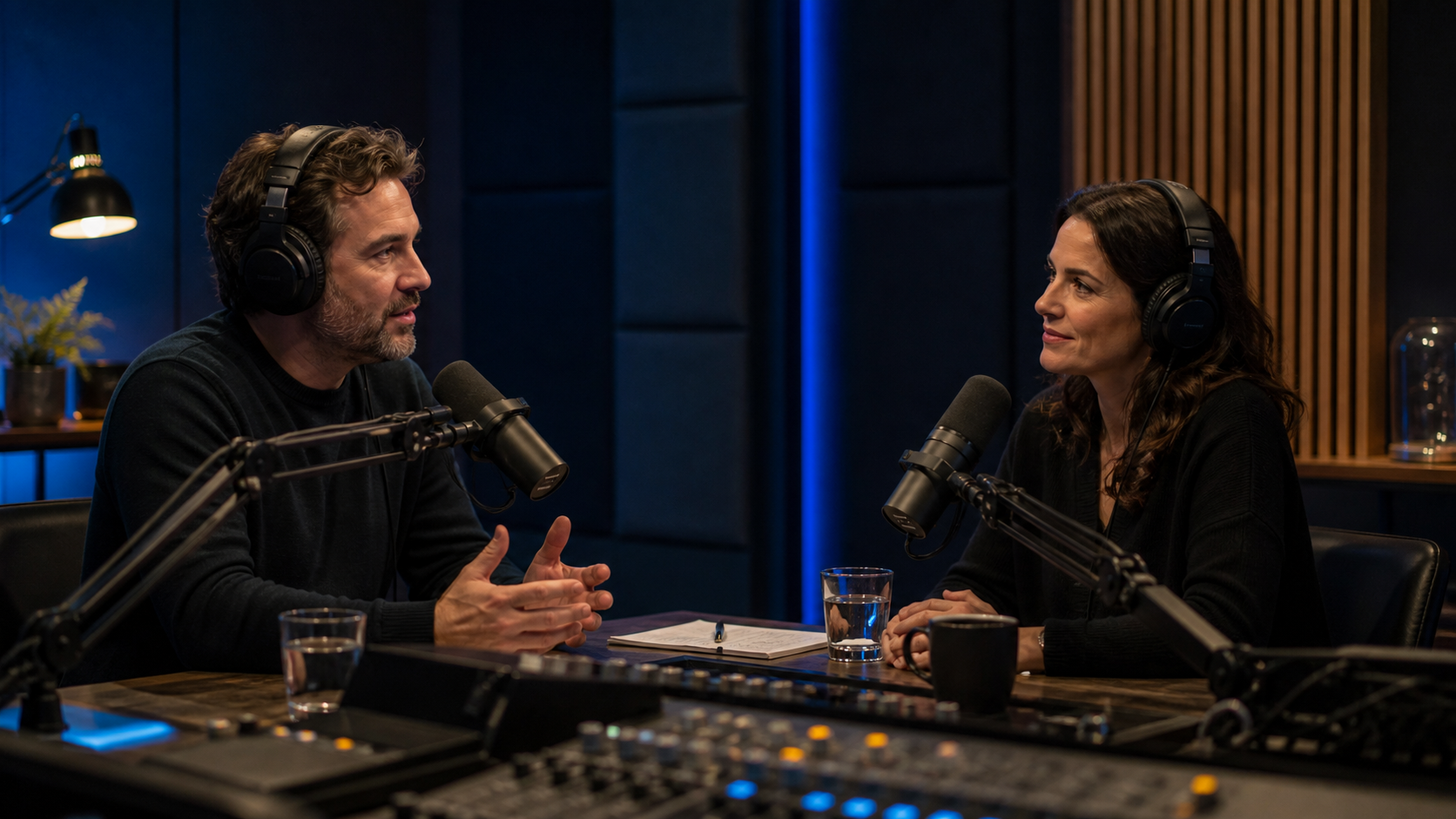 Concept image of two podcast hosts in a professional recording studio