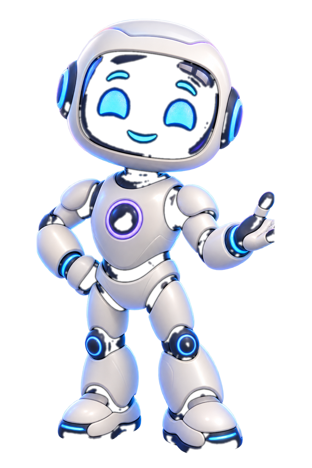 Chance, an original friendly robot coach, smiling and offering a small hand gesture.